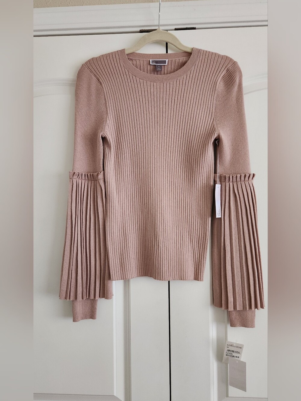 Chelsea28 Blush Pink Ribbed Whimsical Sweater with Pleated Bell Sleeves